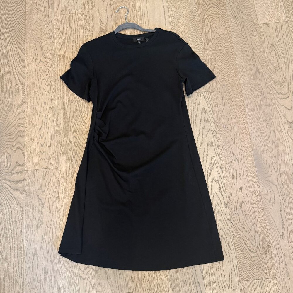 Theory Clinton Knit Black Side Drape, short sleeved,  T Shirt Dress, Sz L, VGUC